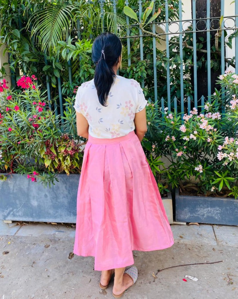 Pleated Pink Silk Midi Skirt For Wedding Bridesmaid Dinner