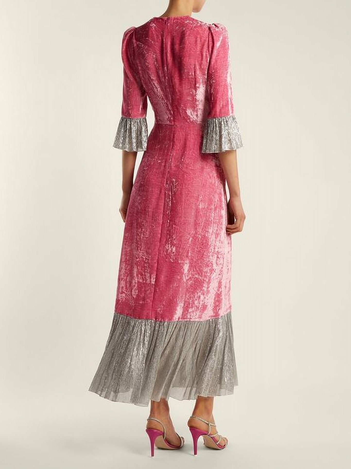 Pink Maxi Velvet Dress with Ruffle Hem and Half Sleeves