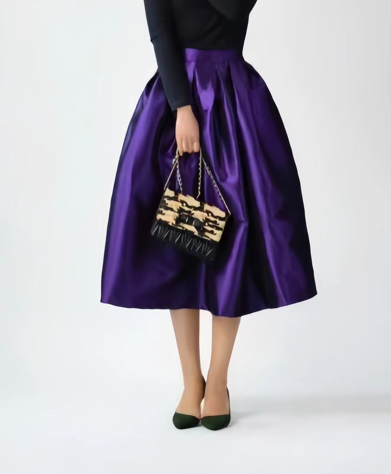 Purple Pleated and Pocketed Silk Taffeta Skirt for Parties and Prom