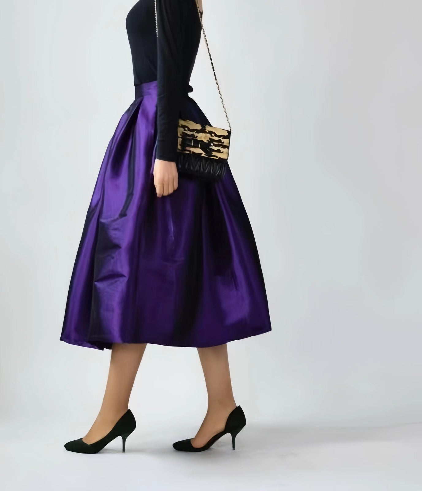 Purple Pleated and Pocketed Silk Taffeta Skirt for Parties and Prom