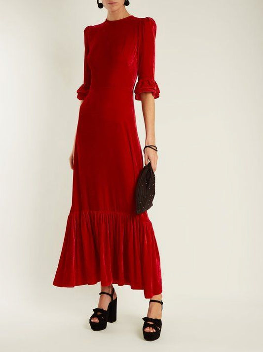 Red Velvet Maxi Dress with Ruffle Hem and Puff Sleeves