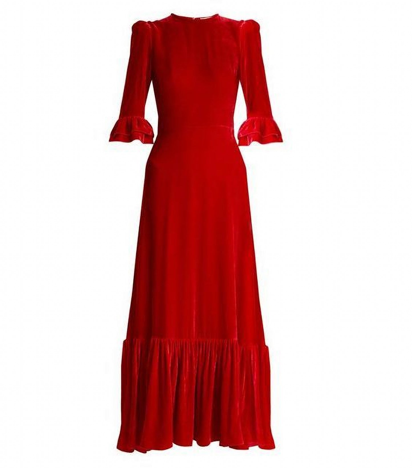 Blue Long Velvet Ruffle Hem Maxi Dress with Half Sleeves
