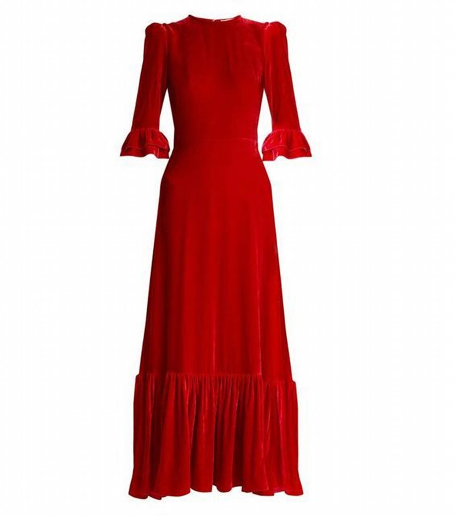Red Velvet Maxi Dress with Ruffle Hem and Puff Sleeves