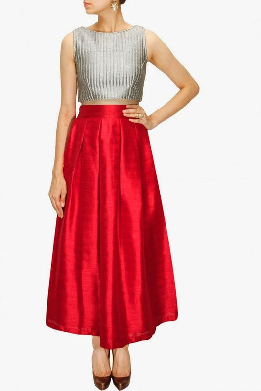 Long Belted Red Silk Maxi Skirt for Dinner and Parties