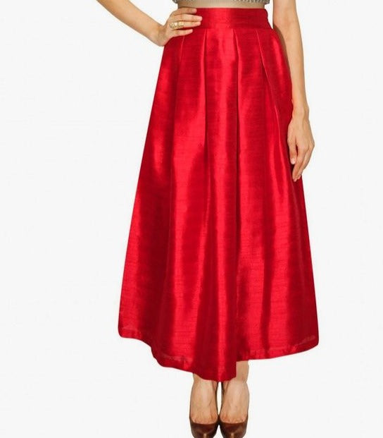 Long Belted Red Silk Maxi Skirt for Dinner and Parties