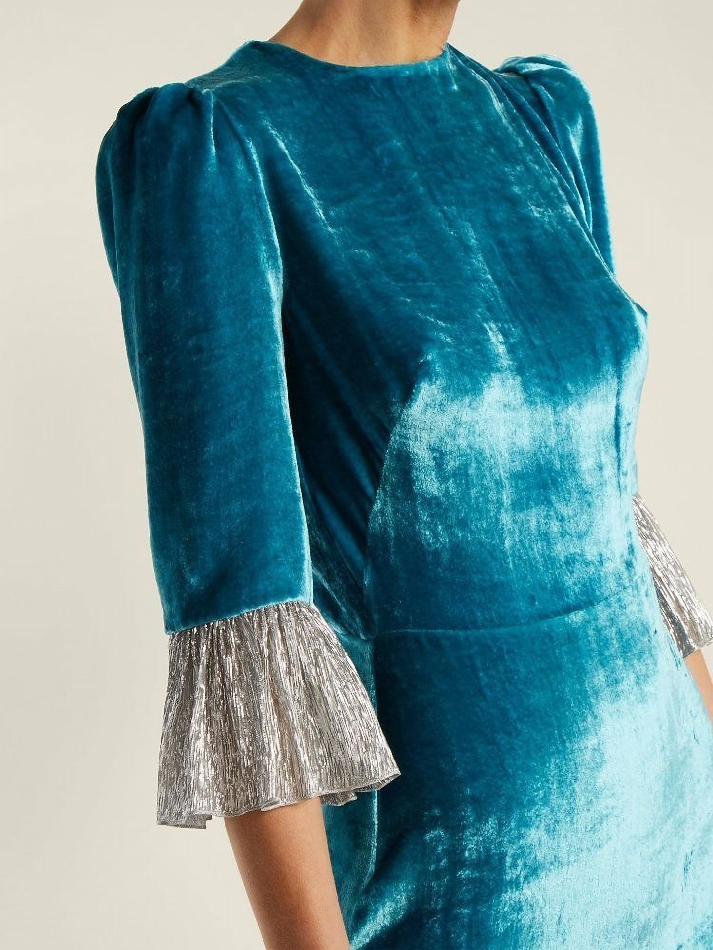 Blue Long Velvet with Ruffle Hem Wedding Bridesmaid Dress