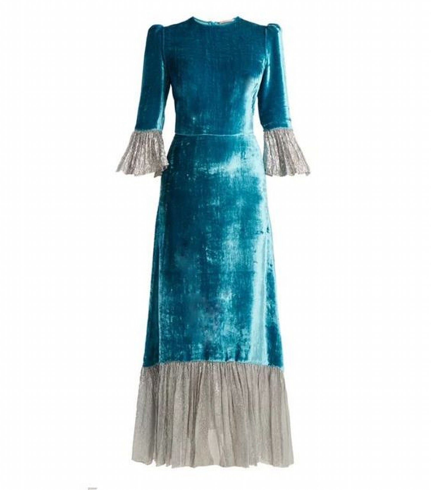 Blue Long Velvet with Ruffle Hem Wedding Bridesmaid Dress