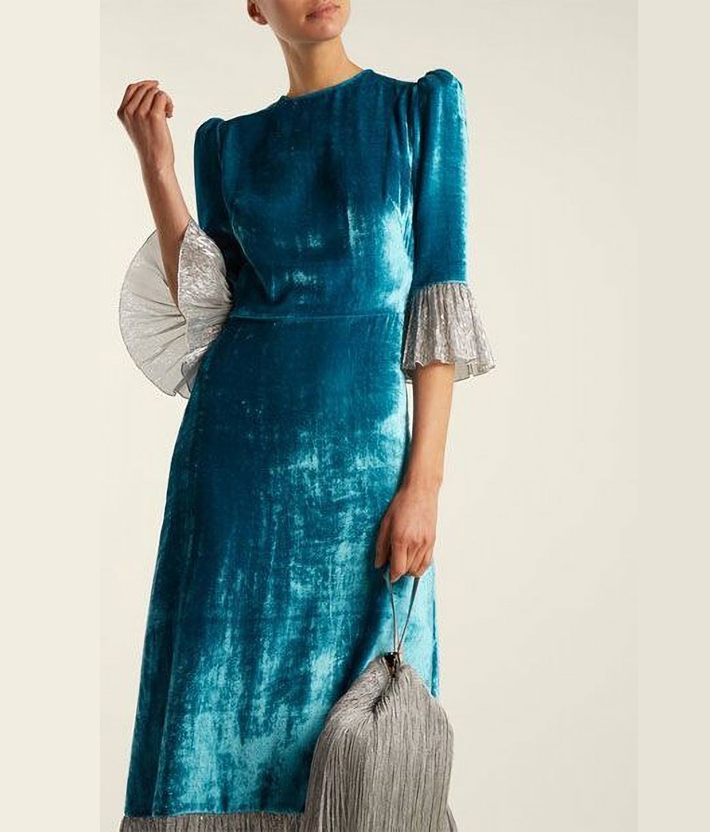 Blue Long Velvet with Ruffle Hem Wedding Bridesmaid Dress