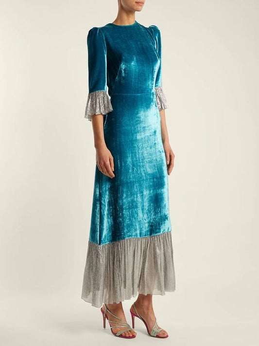 Blue Long Velvet with Ruffle Hem Wedding Bridesmaid Dress