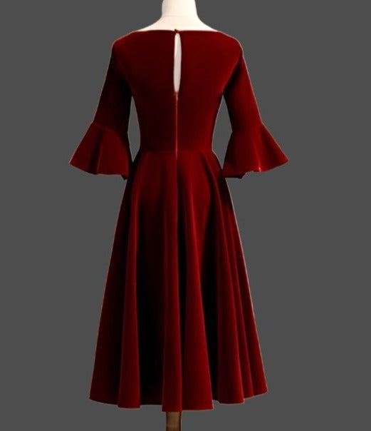 Maroon Velvet Midi Evening Party and Occasion Dress