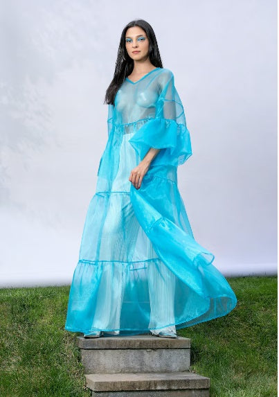 Sheer Blue Silk Organza Dress for Occasions like Baby Shower