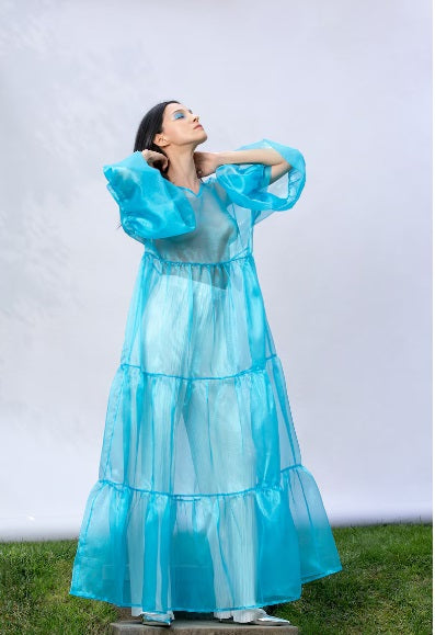 Sheer Blue Silk Organza Dress for Occasions like Baby Shower