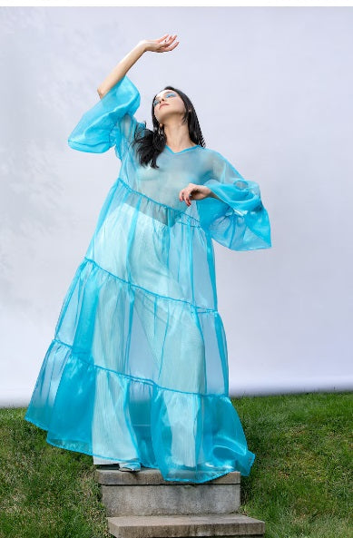 Sheer Blue Silk Organza Dress for Occasions like Baby Shower