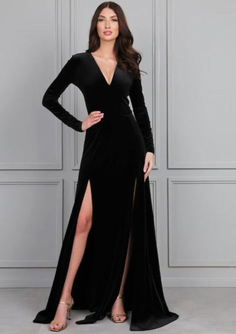 Sheer Black Front Slit Long Maxi Dress for Special Evenings