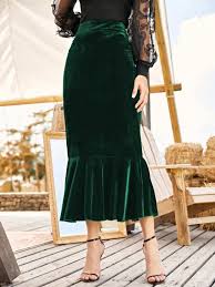 Emerald Green Velvet Midi Skirt with Ruffle Hem for Formal Wear