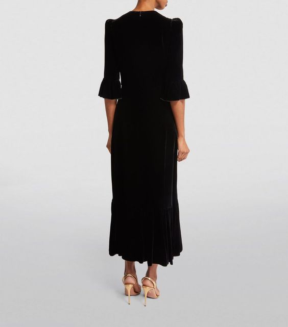 Red Velvet Maxi Dress with Ruffle Hem and Puff Sleeves