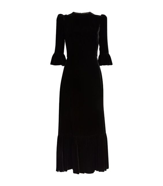 Red Velvet Maxi Dress with Ruffle Hem and Puff Sleeves