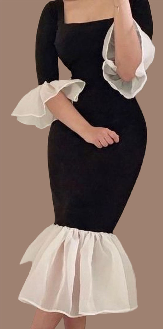 Short Black Velvet Bodycon Dress with Ruffle Hem