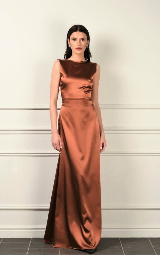 Brown Sleeveless Long Satin Maxi Gown Dress for Prom
