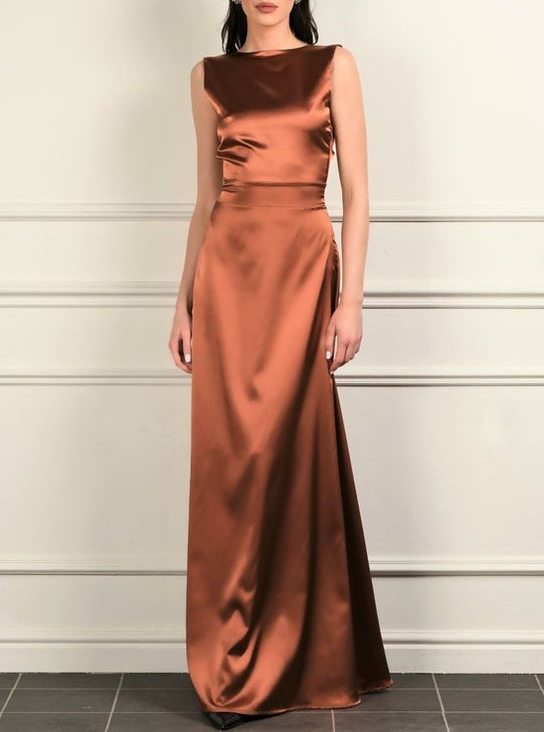 Brown Sleeveless Long Satin Maxi Gown Dress for Prom