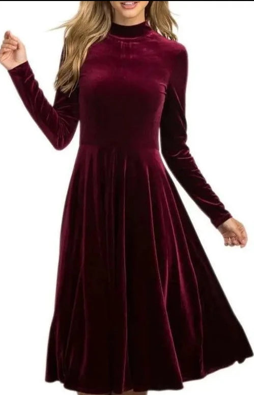 Burgundy Long Sleeves Velvet Midi Dress for Special Evenings