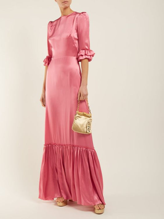 Sheer Pink A Line Ruffle Hem Long Satin Maxi Dress