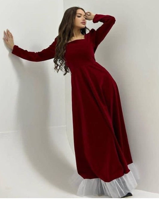 Maroon Long Sleeves and Ruffle Hem Wedding Guest Dress