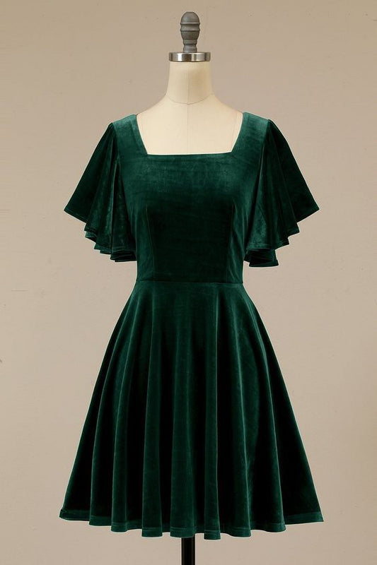 Emerald Green Velvet Short Dress for Dinner and Evenings