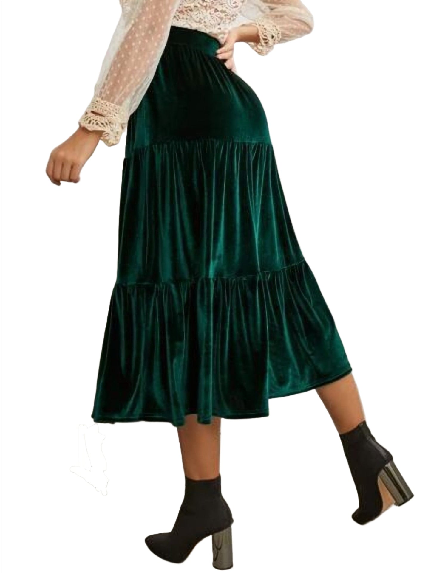 Emerald Green Velvet and High Waist Midi Skirt for Formal Wear