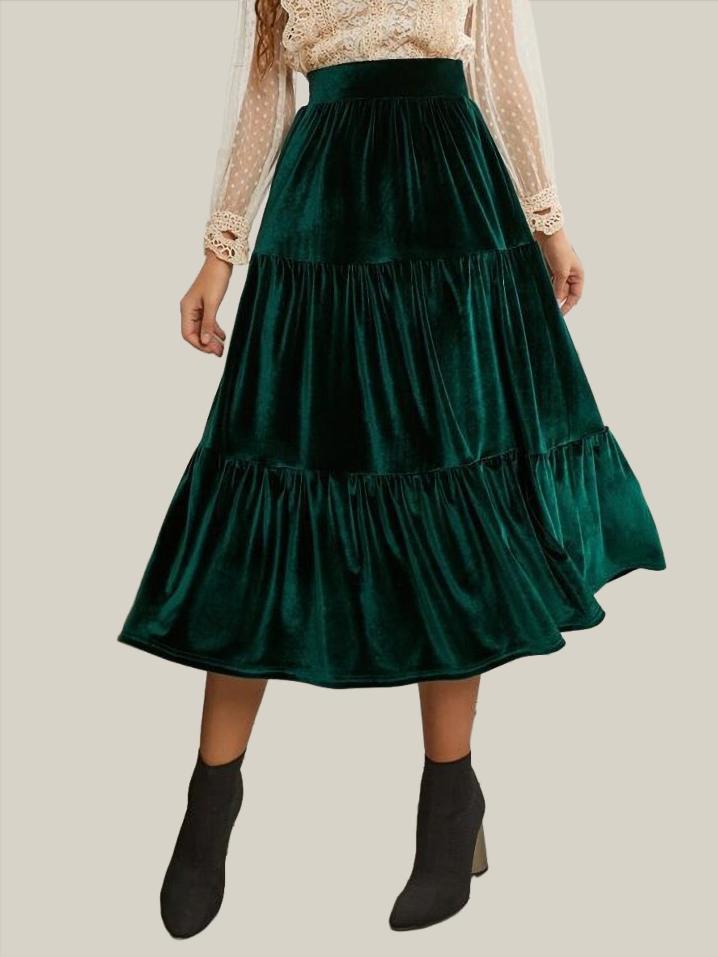 Emerald Green Velvet and High Waist Midi Skirt for Formal Wear