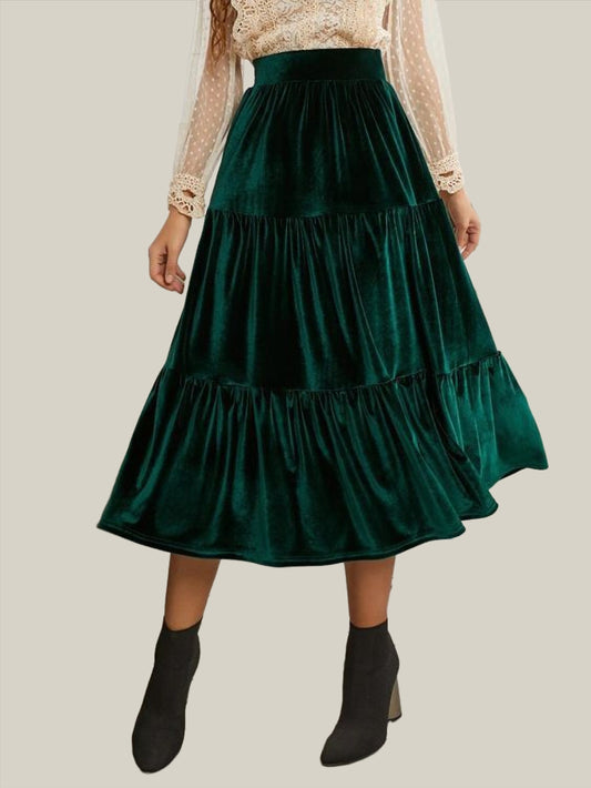 Emerald Green Velvet and High Waist Midi Skirt for Formal Wear