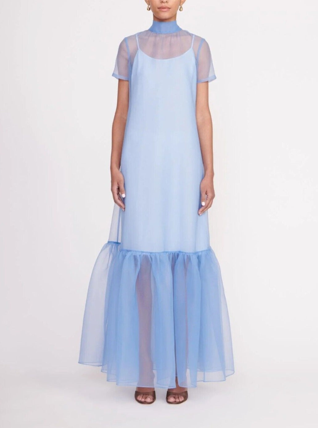 Green Organza Short Sleeve Maxi Dress Ruffle Hem Slip