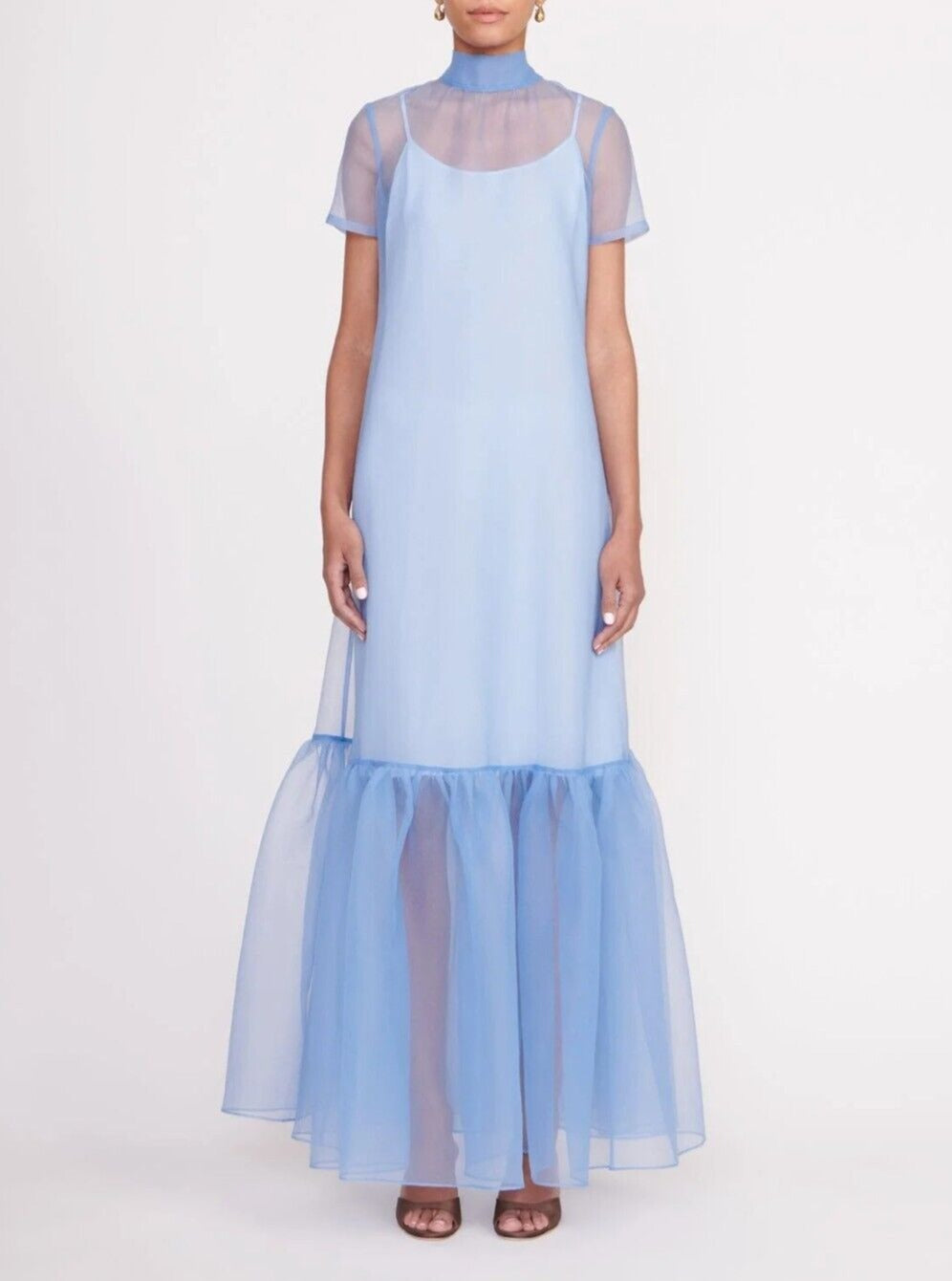 Pink Organza Maxi Dress with Short Sleeves for Baby Shower