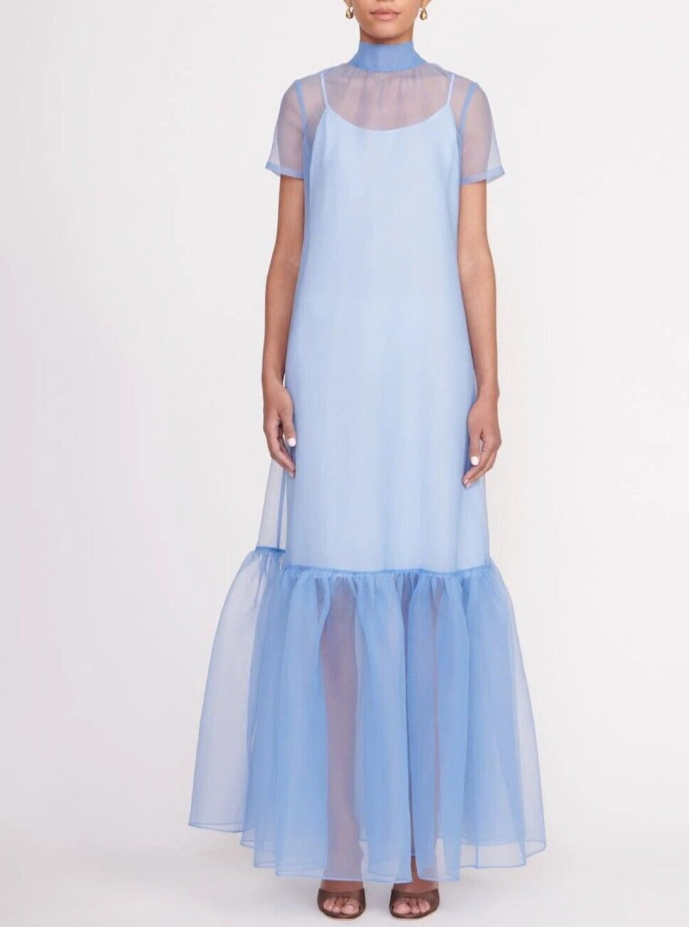 Blue Long Formal Organza Gown with Slip and Ruffle Hem Dress