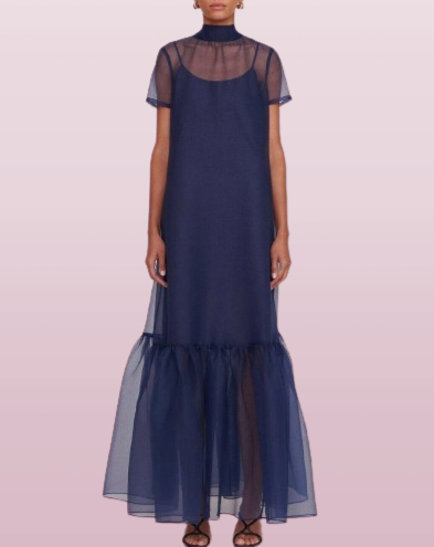 Blue Long Formal Organza Gown with Slip and Ruffle Hem Dress