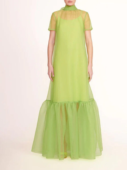 Green Organza Short Sleeve Maxi Dress Ruffle Hem Slip
