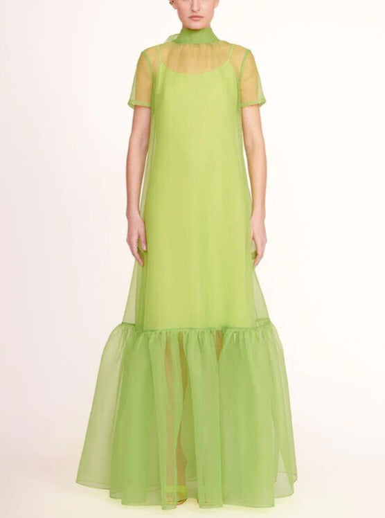 Pink Organza Maxi Dress with Short Sleeves for Baby Shower