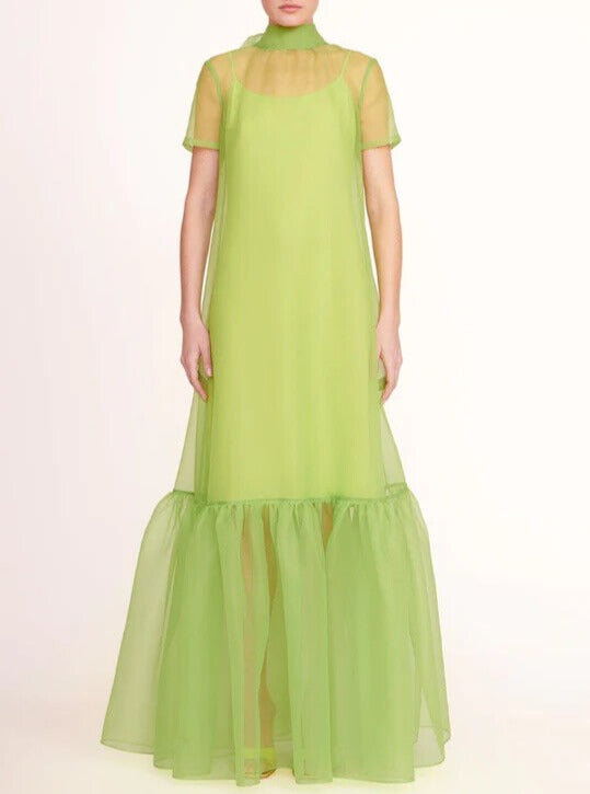 Blue Long Formal Organza Gown with Slip and Ruffle Hem Dress