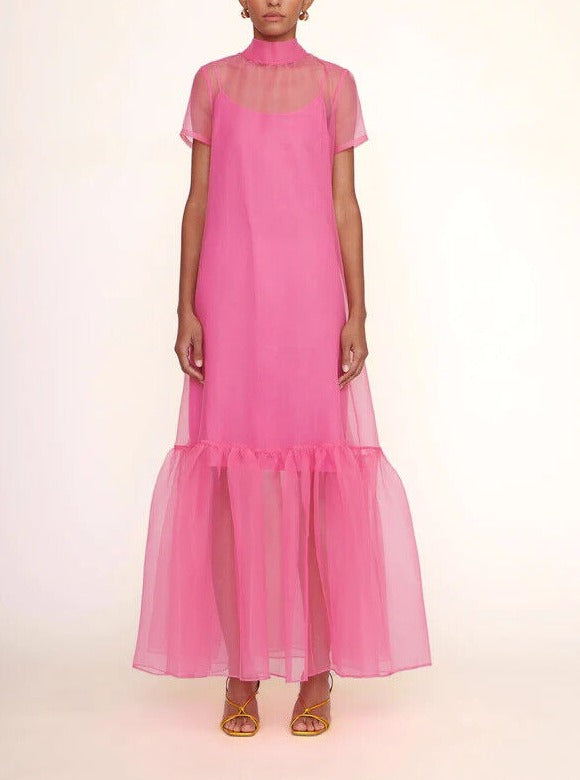 Green Organza Short Sleeve Maxi Dress Ruffle Hem Slip