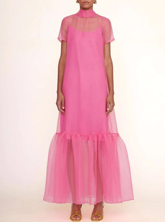 Blue Long Formal Organza Gown with Slip and Ruffle Hem Dress