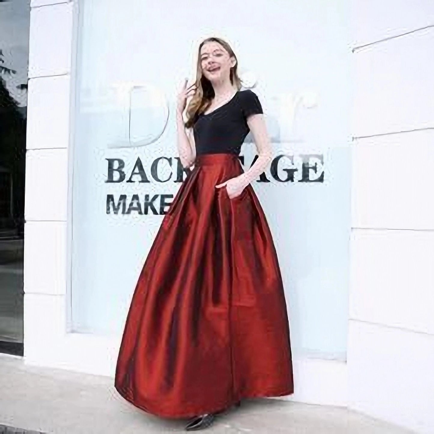 Long Burgundy Pleated One Pocket Maxi Taffeta Skirt