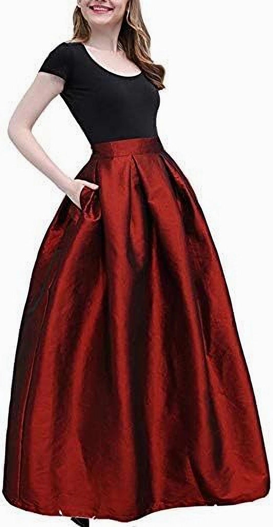 Long Burgundy Pleated One Pocket Maxi Taffeta Skirt