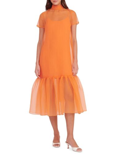 Vibrant Orange Organza Midi Dress for Evening Party Wear