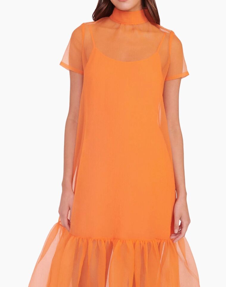 Vibrant Orange Organza Midi Dress for Evening Party Wear