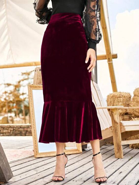 Emerald Green Velvet Midi Skirt with Ruffle Hem for Formal Wear