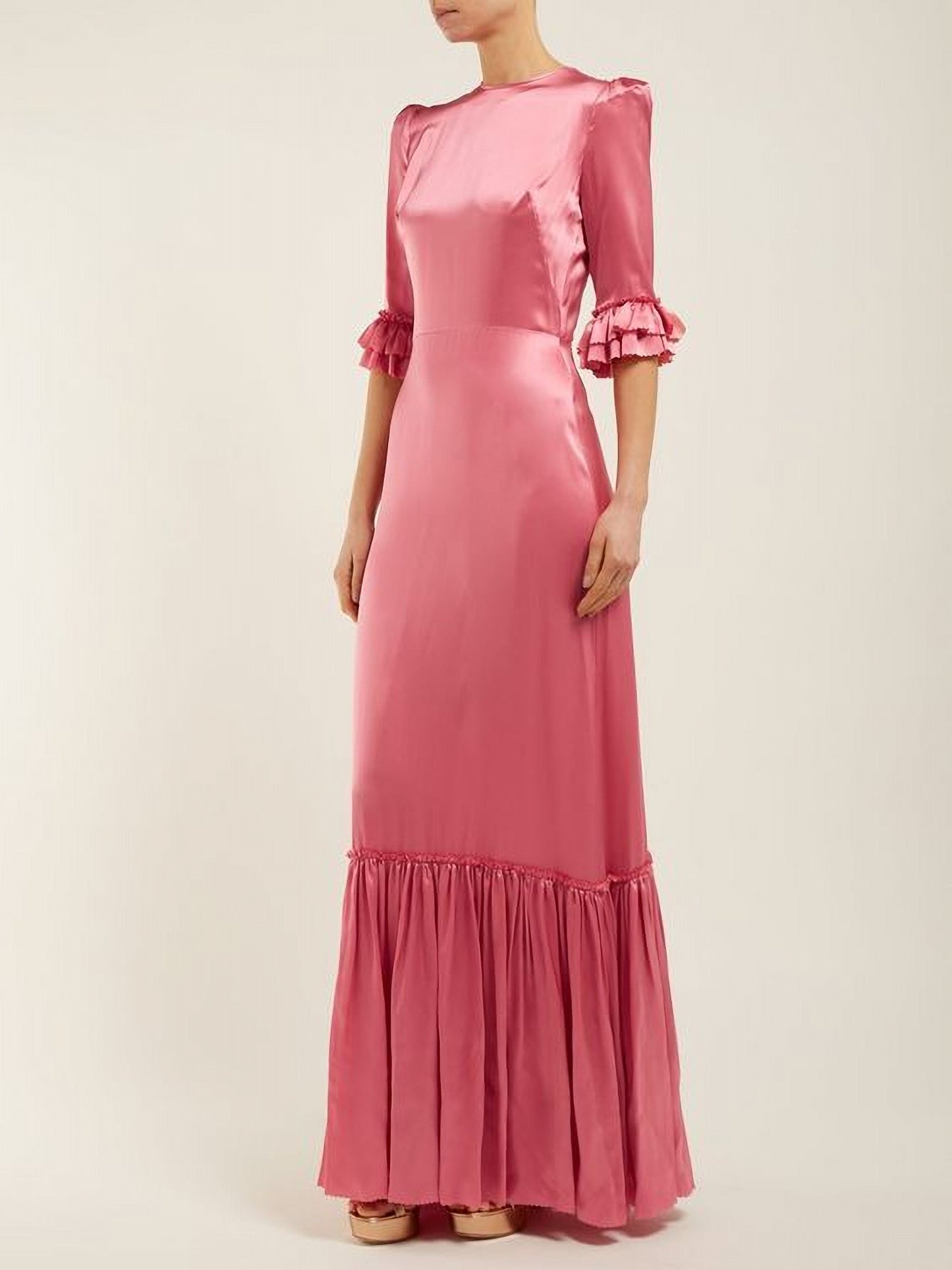Red Silky Long Satin A Line Ruffle Hem Maxi Dress