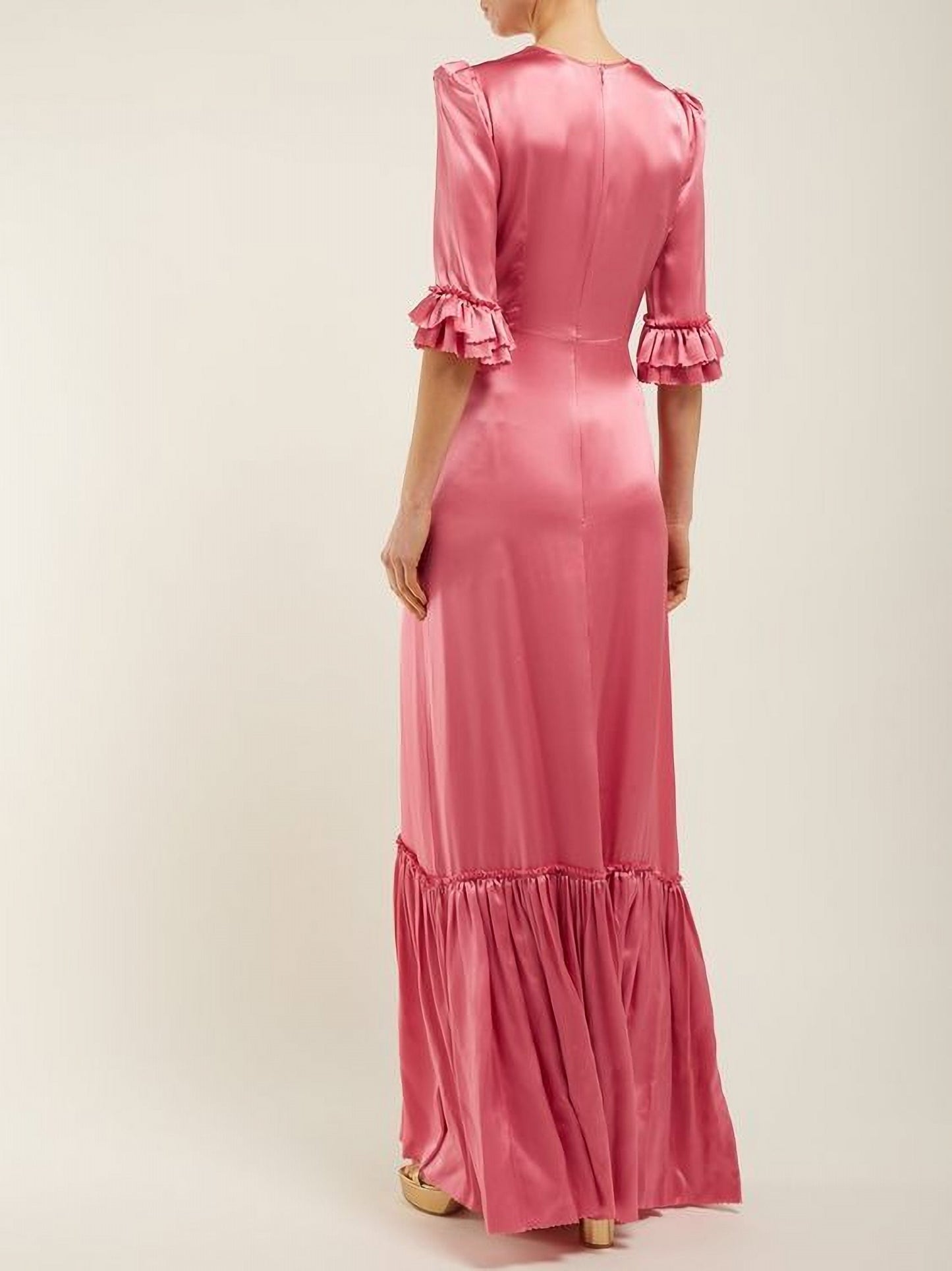 Red Silky Long Satin A Line Ruffle Hem Maxi Dress