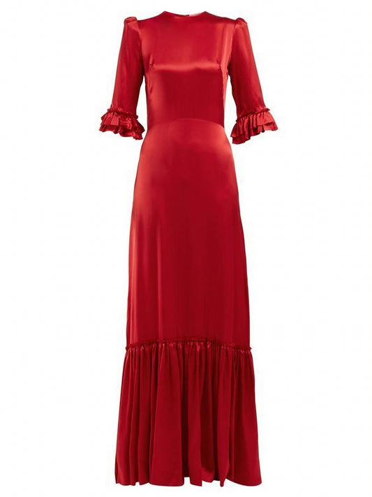 Red Silky Long Satin A Line Ruffle Hem Maxi Dress