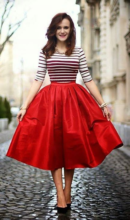 Red Pleated High Waist Skirt for Dinner and Parties