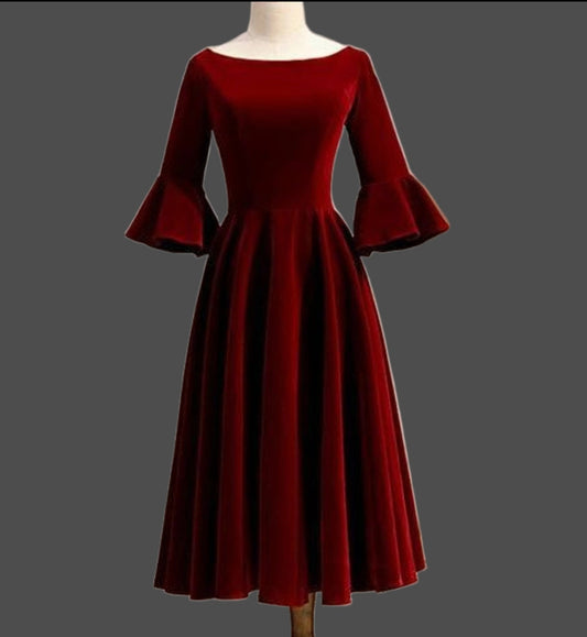 Maroon Velvet Midi Evening Party and Occasion Dress